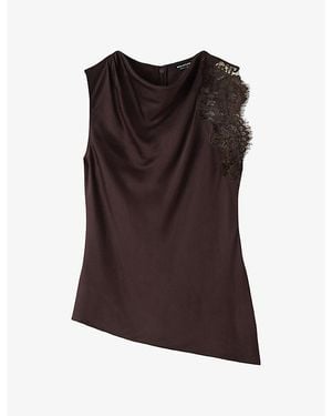 Whistles Lace-Panel Asymmetric-Hem Satin Top - Brown