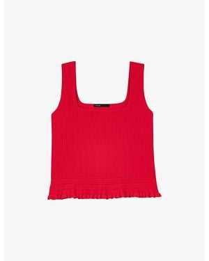 Maje Ruffled Square-Neck Stretch-Knit Top - Red