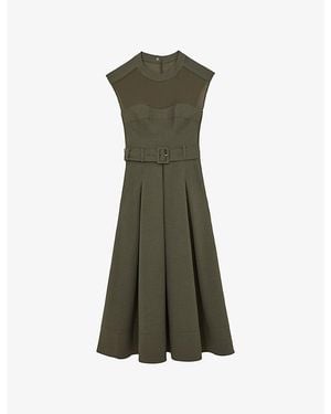 Reiss Ava Belted-Waist Stretch-Woven Midi Dress - Green