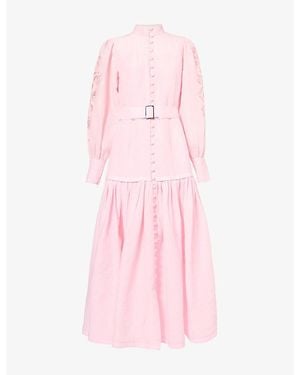 Mona Alshebil Embroidered-Sleeve Belted Cotton Maxi Dress - Pink