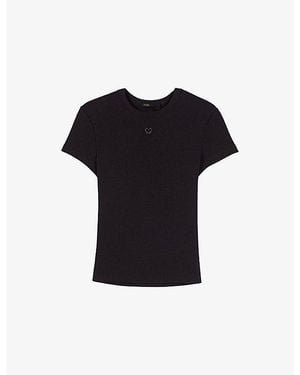 Maje Brand-Embroidered Ribbed Cotton-Jersey T-Shirt - Black