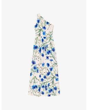 Ro&zo Aubrey Floral One-Shoulder Stretch-Cotton Midi Dress - Blue