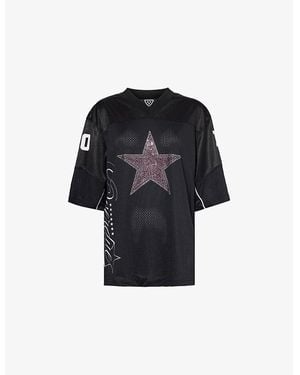 Jaded London Team Spirit Football Rhinestone-Star-Print Woven T-Shirt - Black