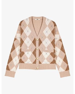 Maje Argyle Rhinestone-Embellished Wool Cardigan - Natural