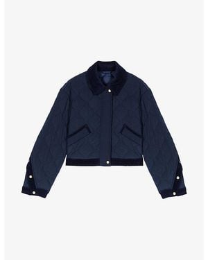 Maje Quilted Velvet-Trim Woven Jacket - Blue