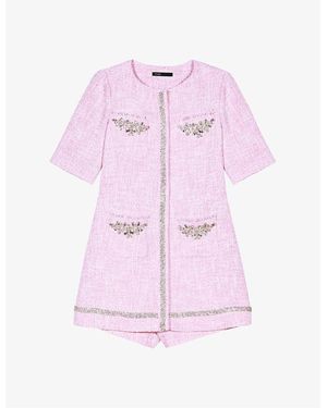 Maje Rhinestone-Embroidered Short-Sleeve Tweed Playsuit - Pink