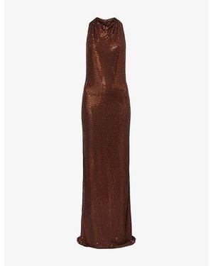 Self-Portrait Racer-Back Rhinestone-Embellished Maxi Dress - Brown