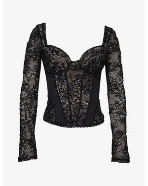 House Of Cb Charelle Long-Sleeve Lace Corset Top - Black
