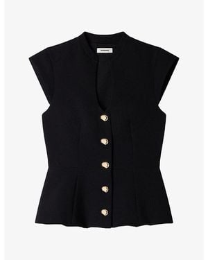 Sandro Buttoned Peplum Woven Top - Black