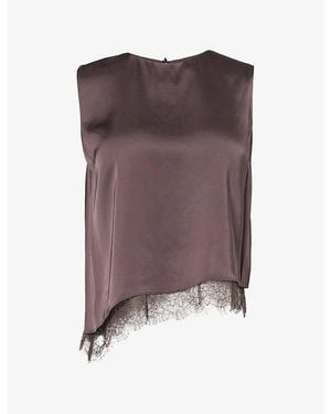 Vince Asymmetric-Hem Lace-Trim Satin Top - Brown