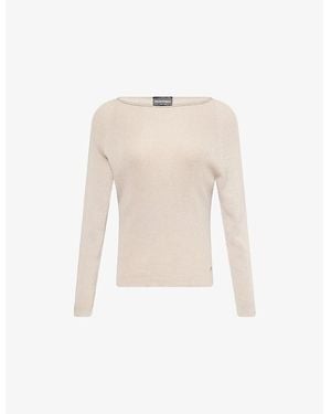 Emporio Armani Boat-Neckline Long-Sleeve Cotton Knitted Top - White