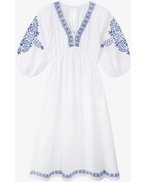The White Company Flower-embroidered V-neck Organic-cotton Maxi Dress - White