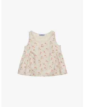 Prada Embroidered Floral-Print Cotton And Linen Top - Natural