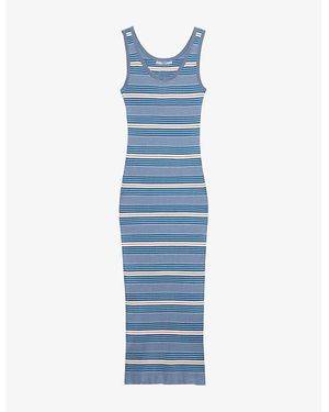 Prada Stripe-Print Triangle-Logo Stretch-Cotton Midi Dress - Blue