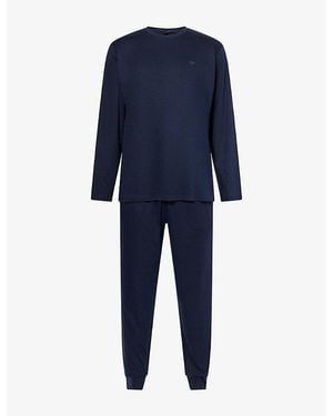 Emporio Armani Logo-Embroidered Cotton-Jersey Pyjamas - Blue