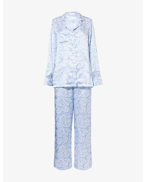 Derek Rose Rose-Print Silk Pajamas - Blue