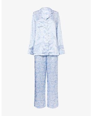 Derek Rose Rose-Print Silk Pyjamas - Blue