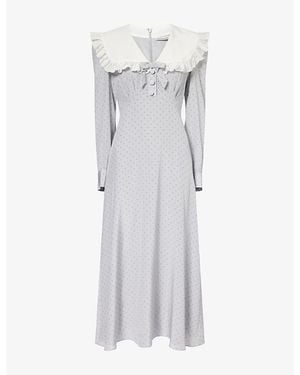 Alessandra Rich Polka-Dot Frilled-Collar Silk Midi Dress - Gray