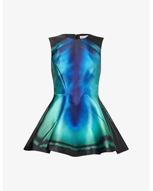 Mary Katrantzou Arnim Feather-Print Flared Crepe Mini Dress - Blue