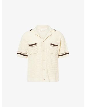 The Couture Club Camp-Collar Striped Cotton-Crochet Shirt - Natural