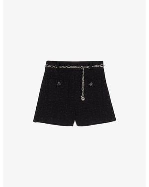 Maje Belted-Waist High-Rise Tweed Shorts - Black