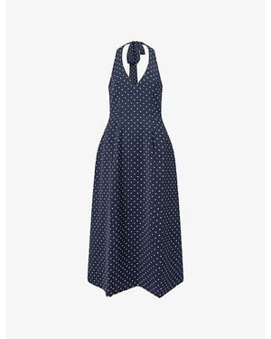 Odd Muse Volume Skirt Polka-Dot Woven Midi Dess - Blue
