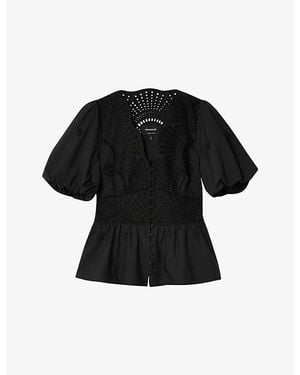 Whistles Broderie V-Neck Puff-Sleeve Cotton Blouse - Black