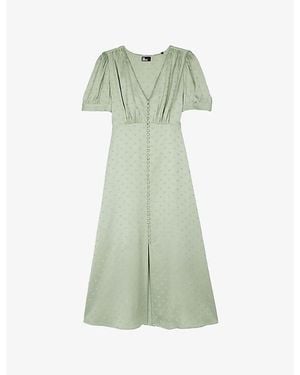 The Kooples Jacquard-Heart Short-Sleeve Satin Midi Dress - Green