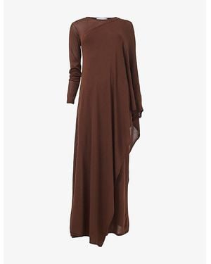 eem Asymmetric-Sleeve Knitted Maxi Dress - Brown