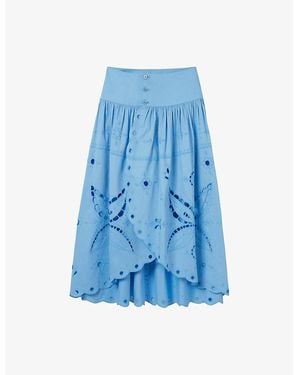 Claudie Pierlot Embroidered Button-Down Cotton Midi Skirt - Blue