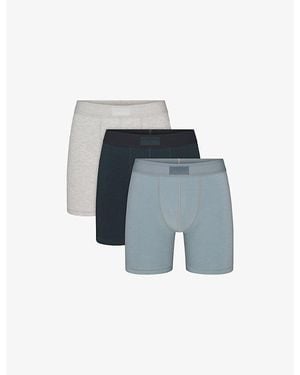 Skims Branded-Waisband Pack Of Three Cotton-Blend Boxer Briefs - Blue