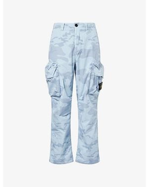 Stone Island Compass-Badge Ripstop Camo Cotton-Blend Cargo Trousers - Blue