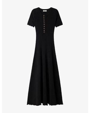 Sandro Round-Neck Ribbed-Knit Stretch-Woven Maxi Dress - Black