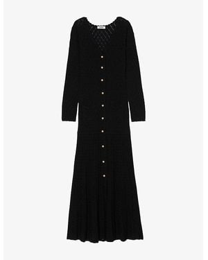 Sandro Long-Sleeve Flared Open-Knit Maxi Dress - Black