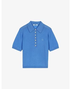 Maje Brand-Embroidered Short-Sleeve Wool Polo Jumper - Blue