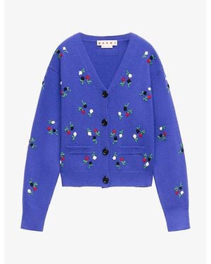 Marni Flower-Embroidery Wool And Cashmere Cardigan - Blue