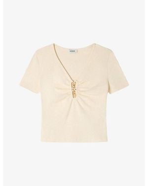 Sandro Jewel-Embellished Cropped Stretch-Cotton T-Shirt - Natural