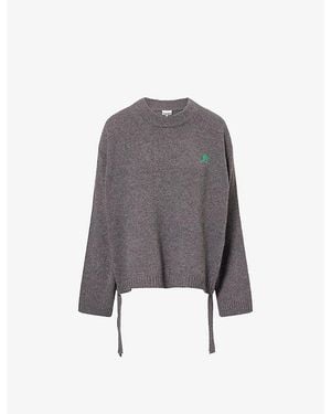 Ganni Embroidered-Logo Ruching-Straps Wool-Blend Jumper - Grey