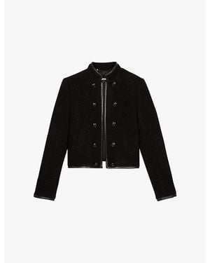 The Kooples Stand-Collar Leather-Trim Wool Jacket - Black