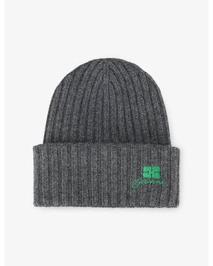 Ganni Ribbed Brand-Embroidery Wool-Blend Beanie - Grey