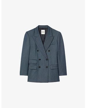 Sandro Striped Peak-Lapel Double-Breasted Stretch-Woven Blazer - Blue