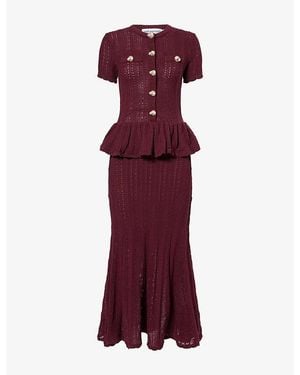 Self-Portrait Peplum Pointelle-Knit Cotton Midi Dress - Red