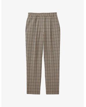 Reiss Karina Elasticated-Waist Tapered-Leg Checked Stretch-Woven Trousers - Grey