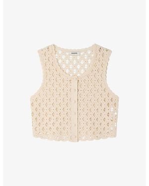 Sandro Cropped Bead-Embellished Crochet Cardigan - Natural