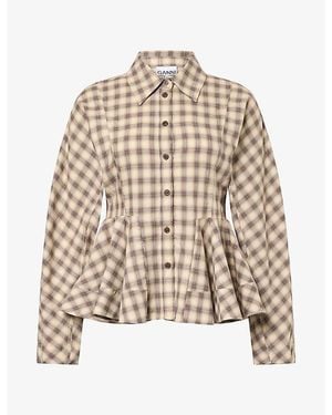 Ganni Check Flannel Cotton Peplum Shirt - Natural