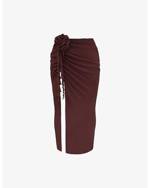 Mistress Rocks 3D-Floral Motif Side-Slit Woven Midi Skirt - Red