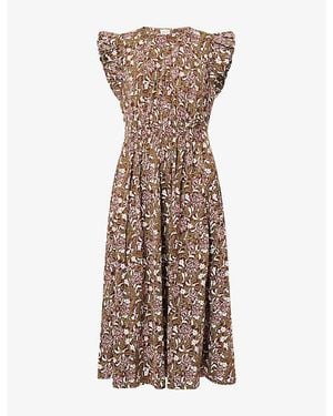ME+EM Overgrown Floral-Print Ruffle-Shoulder Cotton Midi Dress - Brown