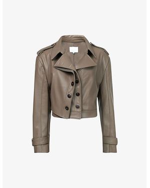 eem Double-Collar Long-Sleeve Cropped Faux-Leather Jacket - Gray