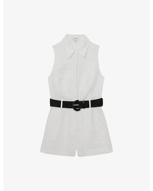 Reiss Taylor Belted-Waist Linen Playsuit - White