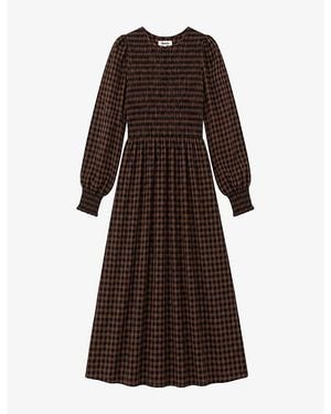 Ro&zo Gingham Shirred-Bodice Woven Midi Dress - Brown